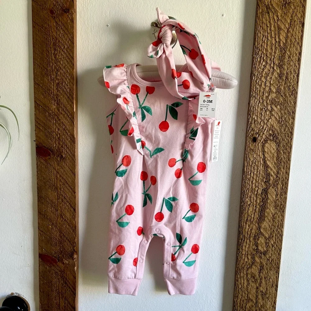 New Cat & Jack Baby Girl 0-3 Months Cherry Romper & Headband Accessorym - Picture 1 of 7